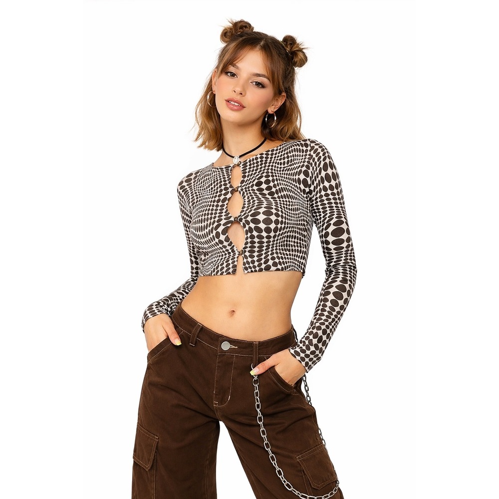 Motel Rocks Cropped Top Small Brown Abstract Print Button Front